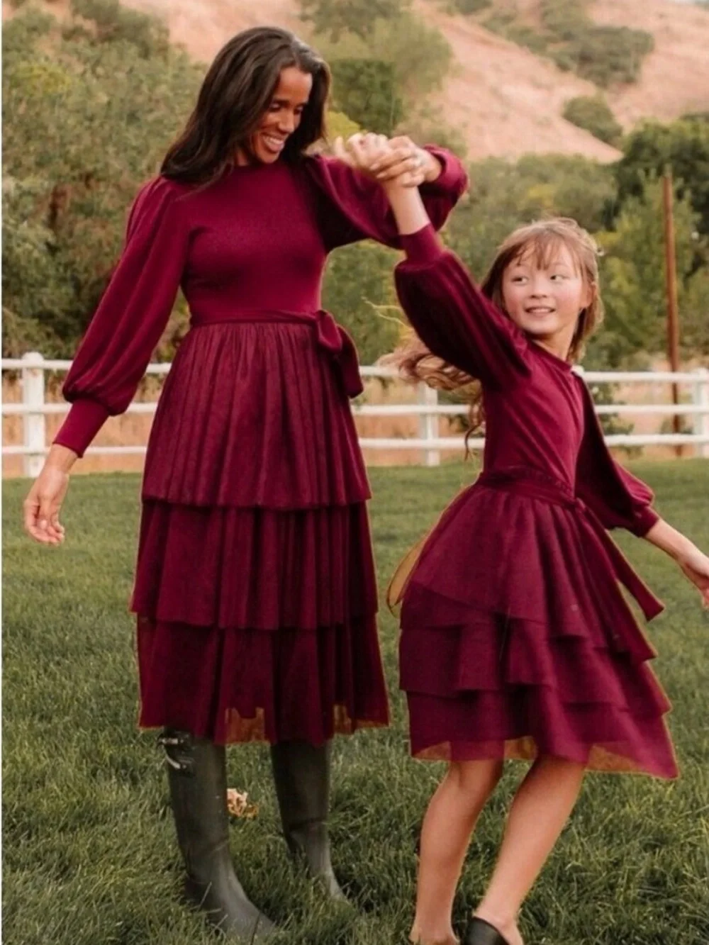 Ivy City Co Cosette Midi Dress Wine Red Ribbed Knit Tulle Ruffles Romantic Small - Picture 2 of 4